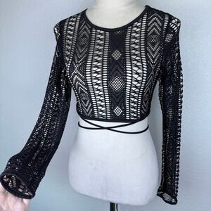 KTOO Women's Black Mesh Geometric Long Sleeve Crop Top Wrap Tie Festival Rave Sm